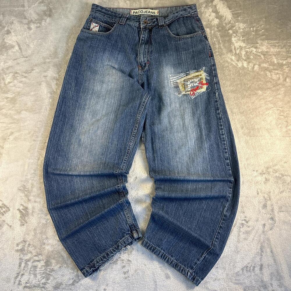 Vintage Paco Jeans Mens 34x31 Blue Baggy Distressed Y2K Embroidered Denim